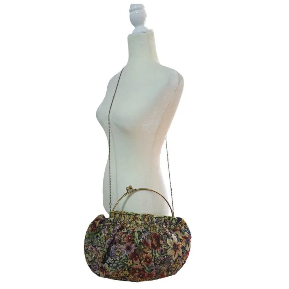 Women's Vintage Tapestry Beaded Floral Multi Color Bag Purse Kiss Lock